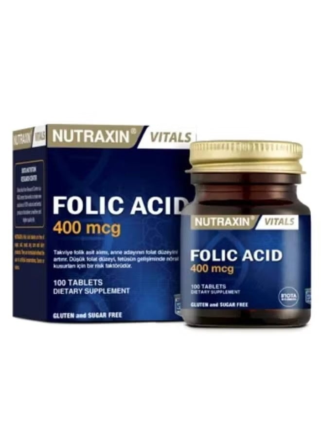 Nutraxin Vitals Folic Acid 400Mcg, Essential Nutrient for Wellness & Support, 100 Tablets - Image 1
